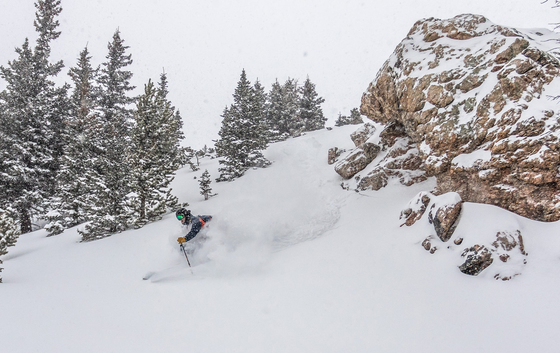 VC6A0783 FREESKIER Editor Donny O'Neill slithering through fresh pockets near treeline.