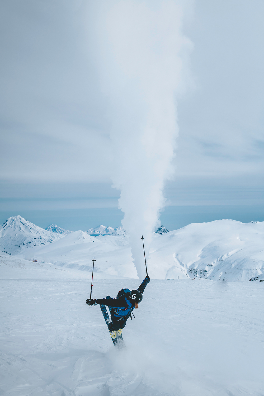 William Larsson puts on a show in front of a Kamchatka geyser.